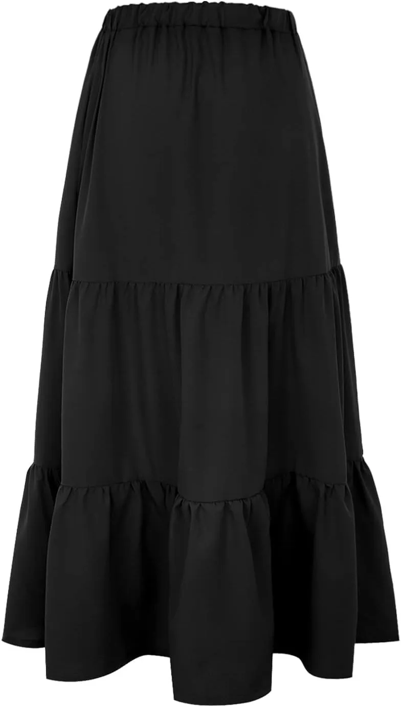 Women's Solid Color Long Skirt Elastic High Waist Pleated Maxi Skirt A Line Flowy Swing Tiered Beach Skirt