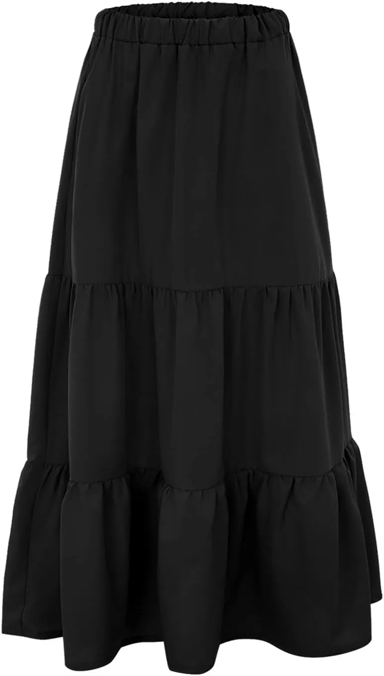 Women's Solid Color Long Skirt Elastic High Waist Pleated Maxi Skirt A Line Flowy Swing Tiered Beach Skirt