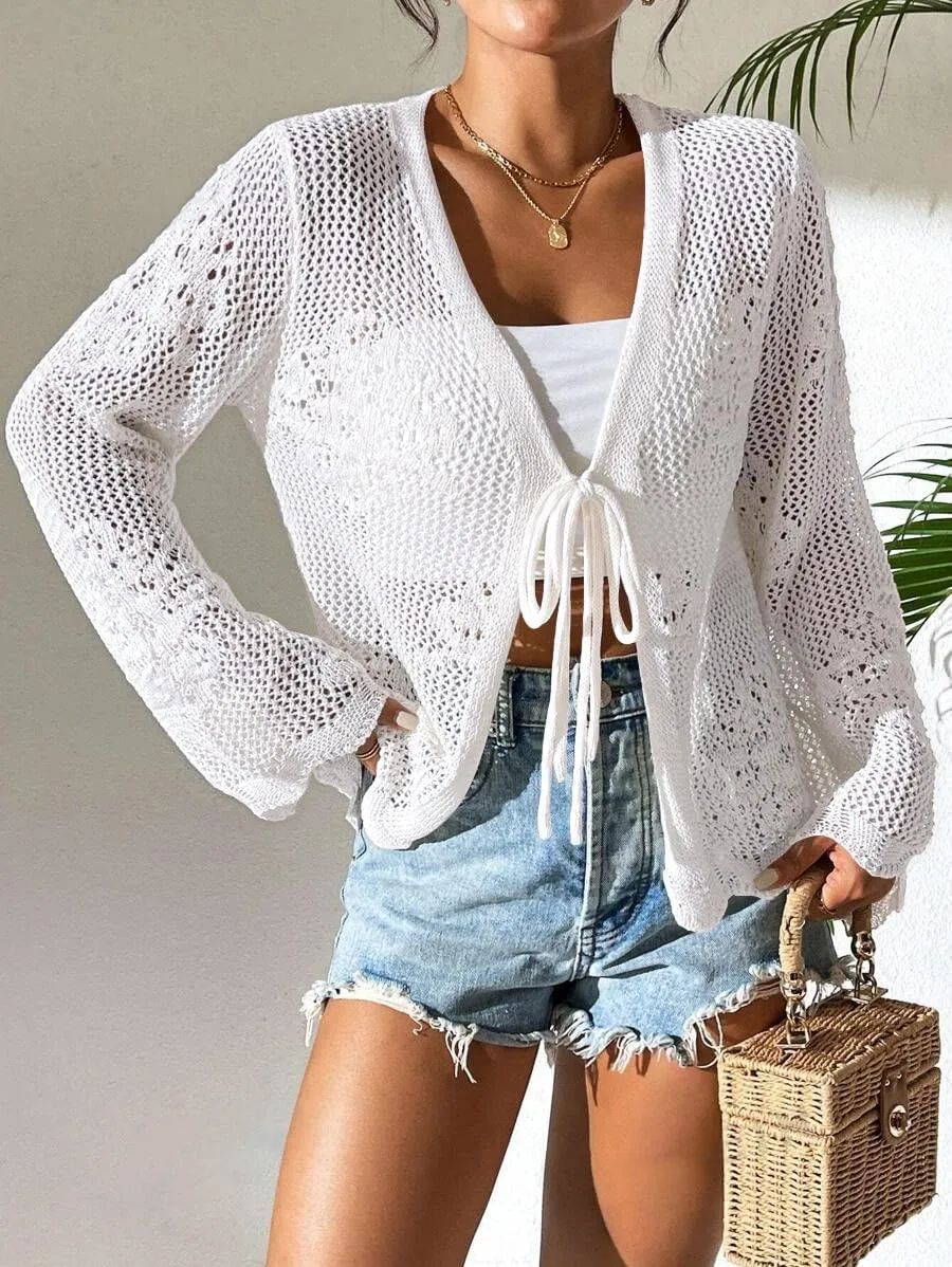 Womens Tie Front Lightweight Crochet Cardigan Shrugs Knit Cardigan Crop Tops Cover Up