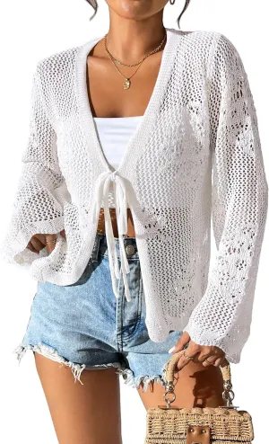 Womens Tie Front Lightweight Crochet Cardigan Shrugs Knit Cardigan Crop Tops Cover Up