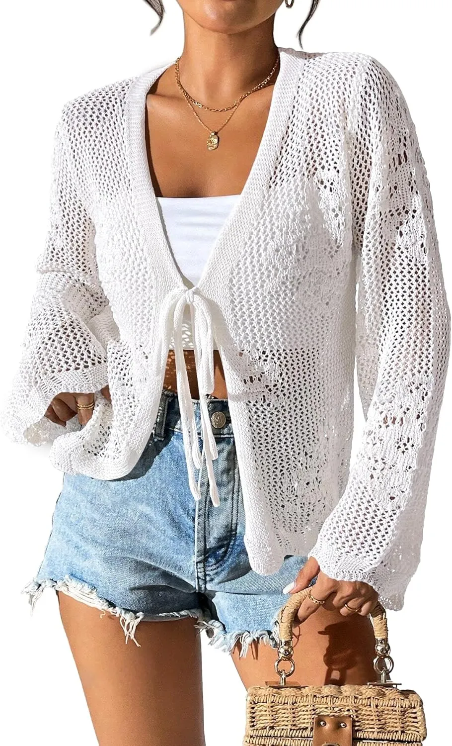 Womens Tie Front Lightweight Crochet Cardigan Shrugs Knit Cardigan Crop Tops Cover Up
