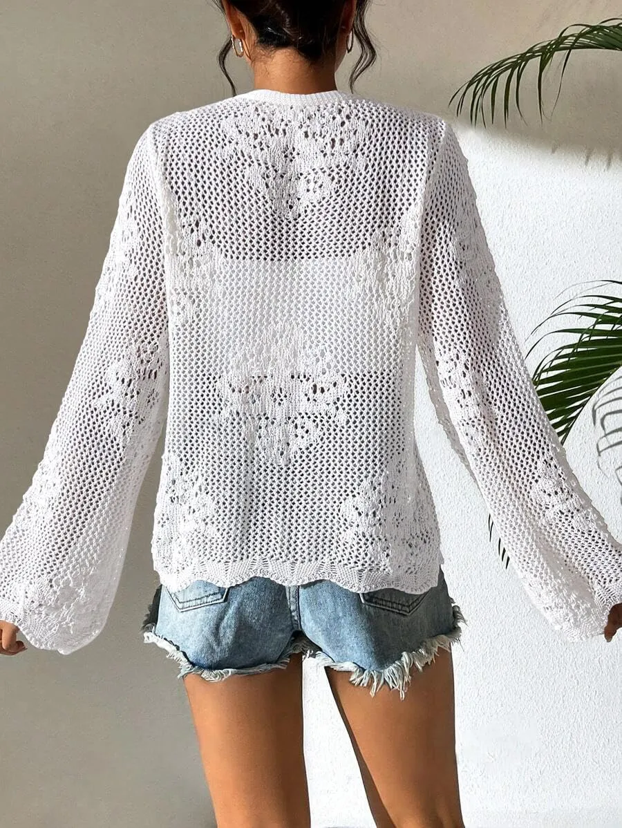 Womens Tie Front Lightweight Crochet Cardigan Shrugs Knit Cardigan Crop Tops Cover Up