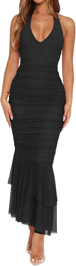 YFANG Women's Sexy Ruffle Hem Halter Deep V Neck Ruched Sleeveless Mesh Bodycon Cocktail Party Maxi Dress
