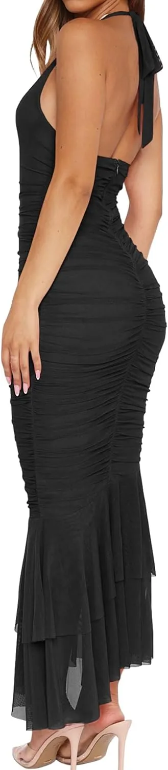 YFANG Women's Sexy Ruffle Hem Halter Deep V Neck Ruched Sleeveless Mesh Bodycon Cocktail Party Maxi Dress